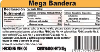 Coconut Candy MEGA, 6 barras de dulce de Coco en forma de bandera contiene 6 barra de coco de 80gr (2.8 oz) de 4.2 inch x 1.5 inc x .75 inch, 1 pound de producto.“dulces mexicanos”, “artesanales”, “tradicionales”, “naturales”, “auténticos”, “hechos a mano