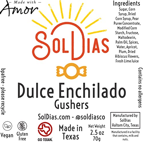 SolDias Dulces Enchilados Gusher, Heat Level, Spicy, Gusher in Chamoy, With No Added Allergens, 2.5 oZ