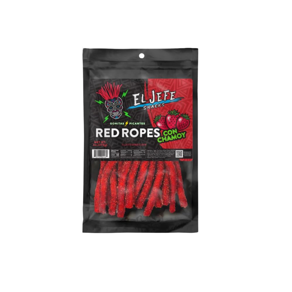 El Jefe Snacks Chamoy Red Ropes Candy – Sweet, Spicy & Tangy Mexican Chamoy Candy – Chewy Strawberry Ropes Coated in Chamoy – Gummy Candy, Authentic Mexican Snack, 6oz