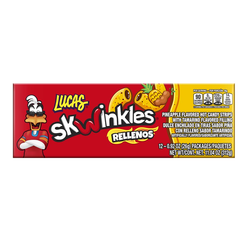 Lucas Skwinkles Pineapple - Tamarind Filled Flavored Sweet & Sour Candy Strips, 0.92oz - 12 Pieces for Treats, Fruit, Parties, Piñatas