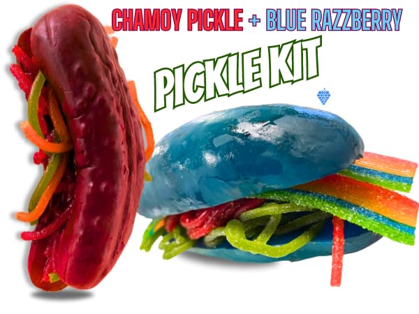 Chamoy Pickle Kit + Blue Raspberry Pickle In A Pouch for 2 People (23 pcs) with Fruit Rollup, Lucas Gusano, Skwinkles, and other Mexican Candy Snacks. TikTok Trend Items by Food Crush