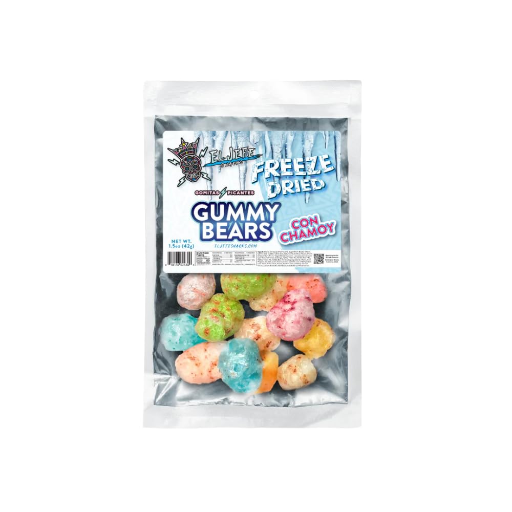 El Jefe Snacks Freeze-Dried Gummy Bears with Chamoy – Crunchy Freeze-Dried Candy with Sweet Fruit Flavor & Tangy Chamoy – Light, Airy Candy Snack, 1.5oz
