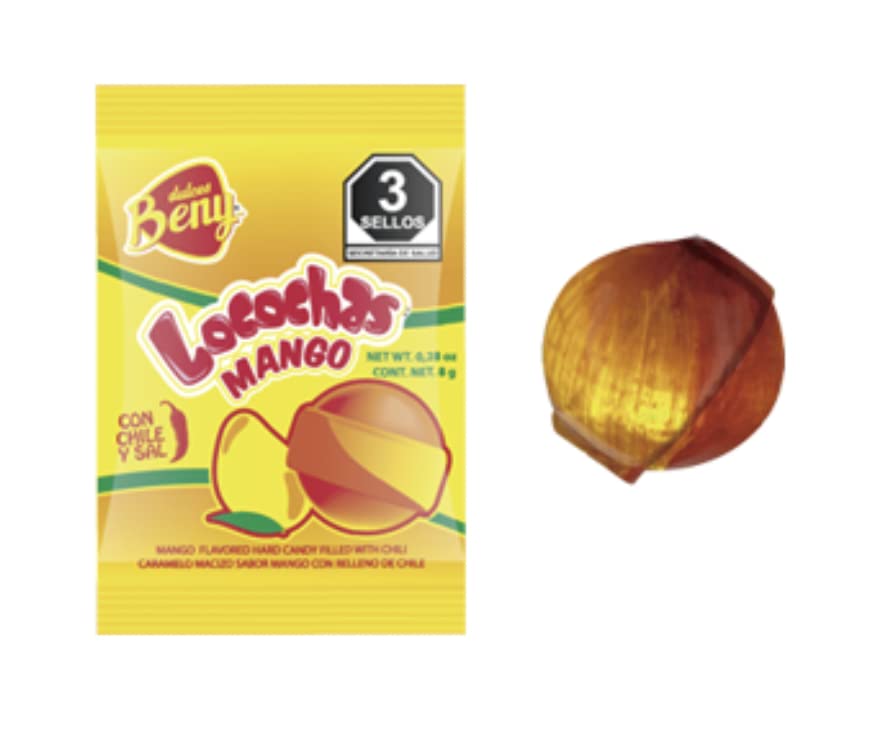 BENY LOCOCHAS MANGO FLAVORED HARD CANDY WITH CHILI CENTER 1LB .98OZ BAG 60PCS