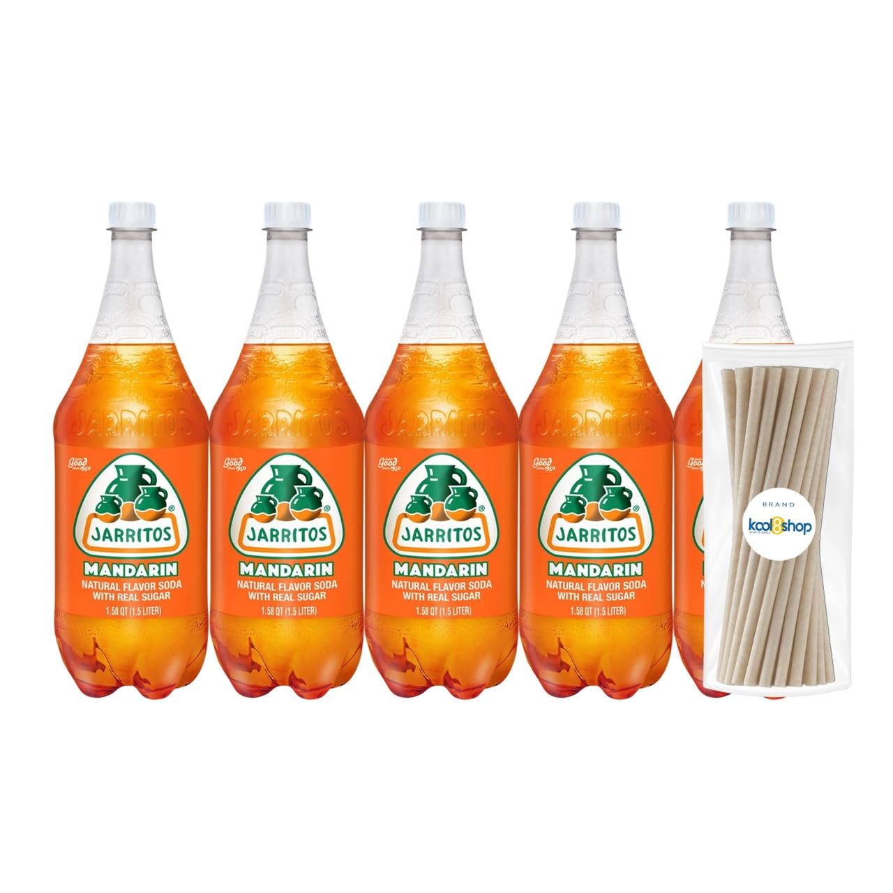 Jarritos Variety Collection Mexican Soft Soda Drink Flavors May Vary 1.5 Lt Plastic Bottles 5-Pack + 15 Sugarcane Disposable Straws by KOOL8SHOP Infinite Deals