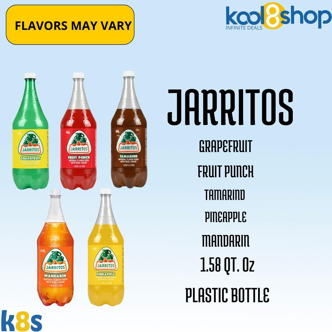Jarritos Variety Collection Mexican Soft Soda Drink Flavors May Vary 1.5 Lt Plastic Bottles 5-Pack + 15 Sugarcane Disposable Straws by KOOL8SHOP Infinite Deals