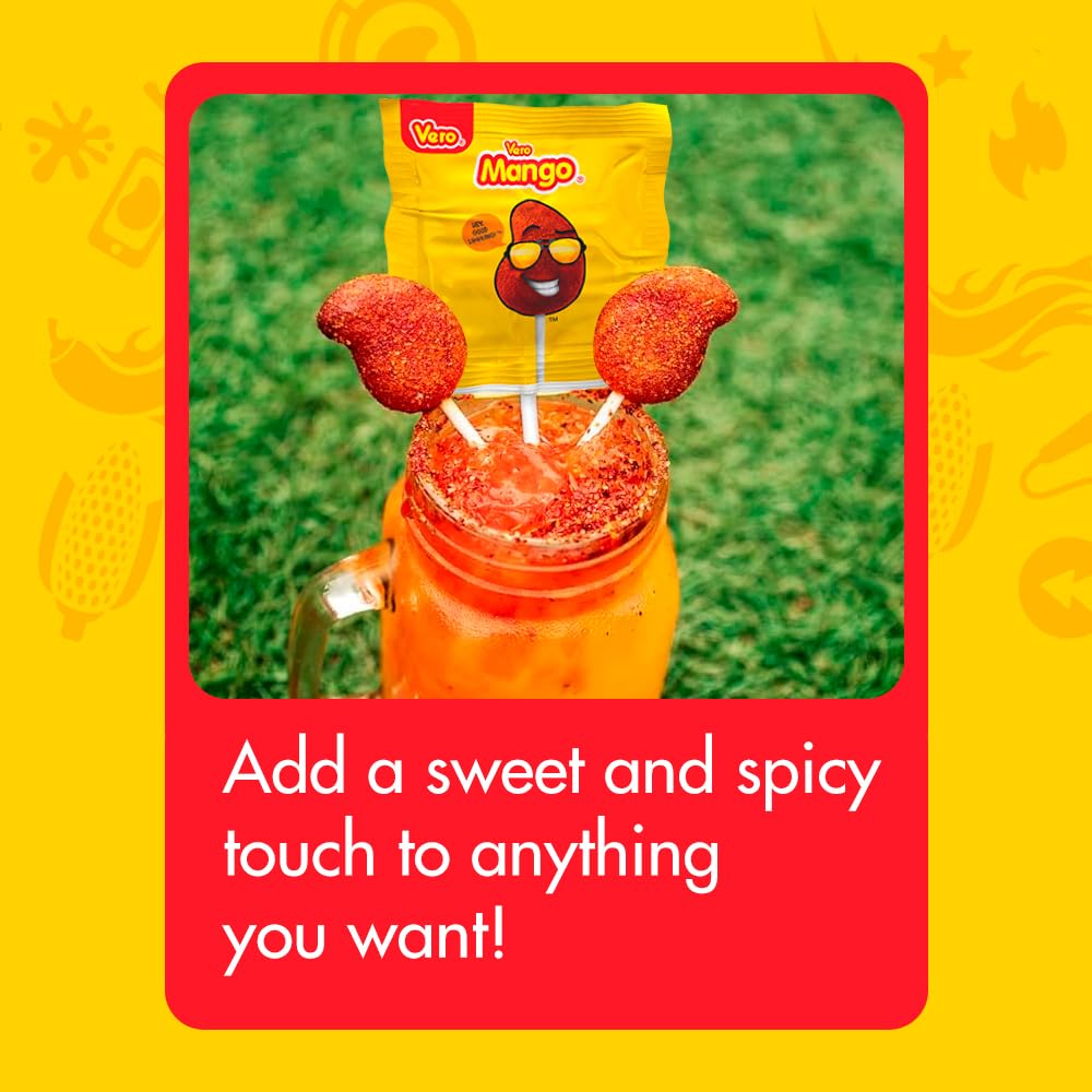 Vero Mango Flavored Lollipops Covered in Chili Powder 40 Count Bag (Net Wt. 22.4 Ounces) - Individually Wrapped Mexican Candy for Piñatas, Halloween, and More