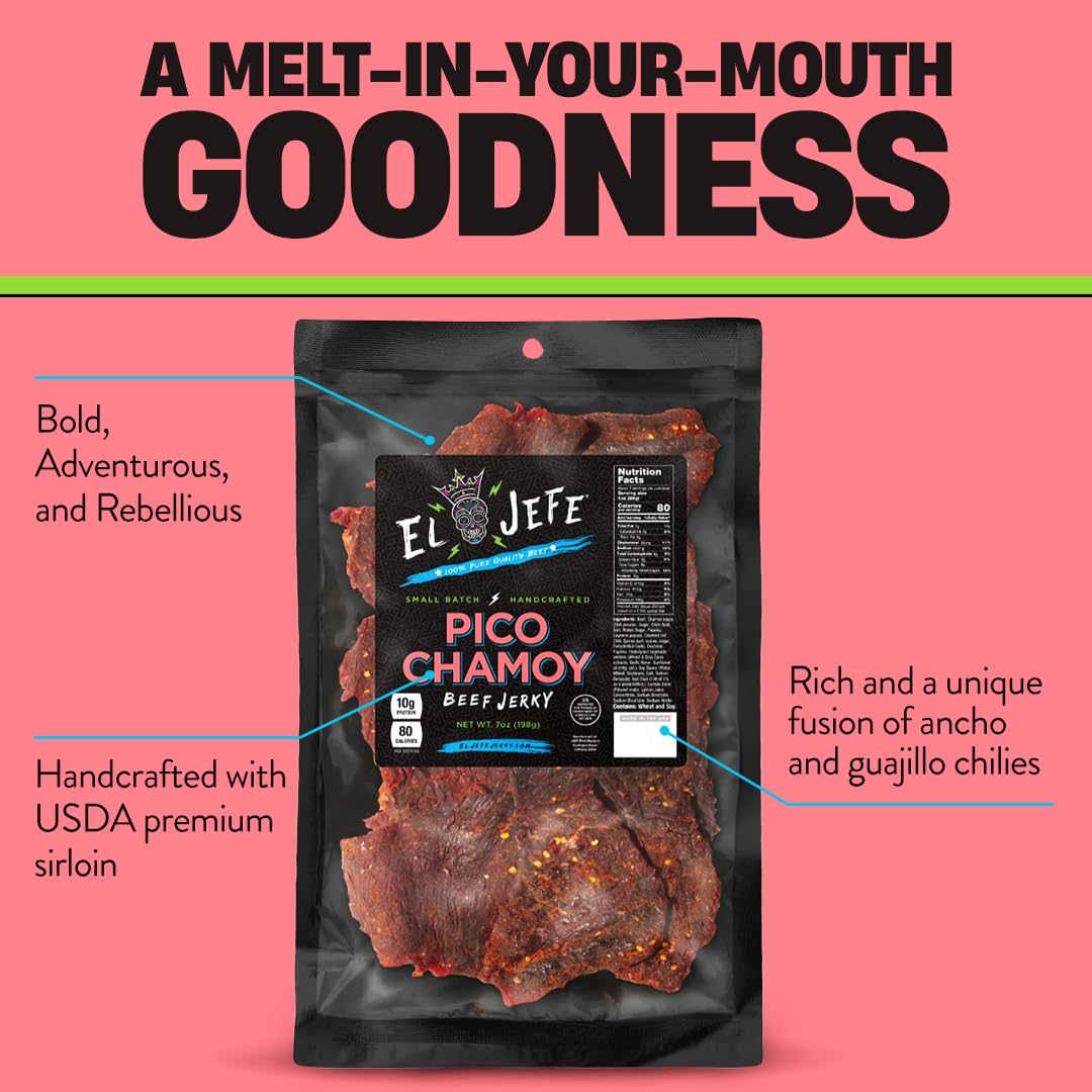 El Jefe Pico Chamoy Beef Jerky - Hand Crafted Small Batch Mexican Style Hispanic Slab Jerky - Bold & Authentic Flavor for Snacking and Entertaining! - 7oz