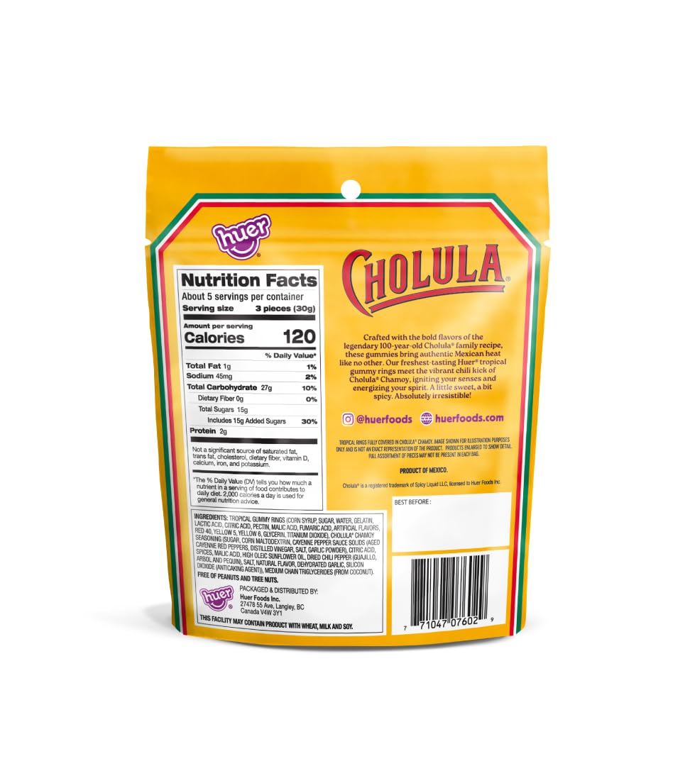 Huer – Cholula Chamoy Tropical Gummy Rings – Sweet & Spicy Mango, Watermelon & Pineapple Candy with Cholula Twist – 5oz Bag (Pack of 2)