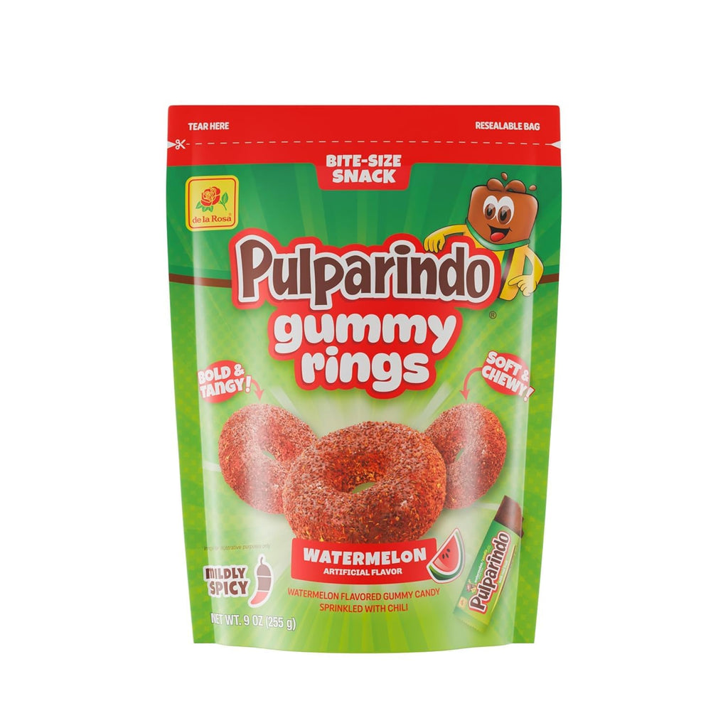De la Rosa Pulparindo Gummy Rings Candy 9oz Bag (2 Pack) – Mildly Spicy Soft & Chewy Mexican Candy, Bite-Size Snack, Watermelon, Tamarind or Mango (Tamarind)