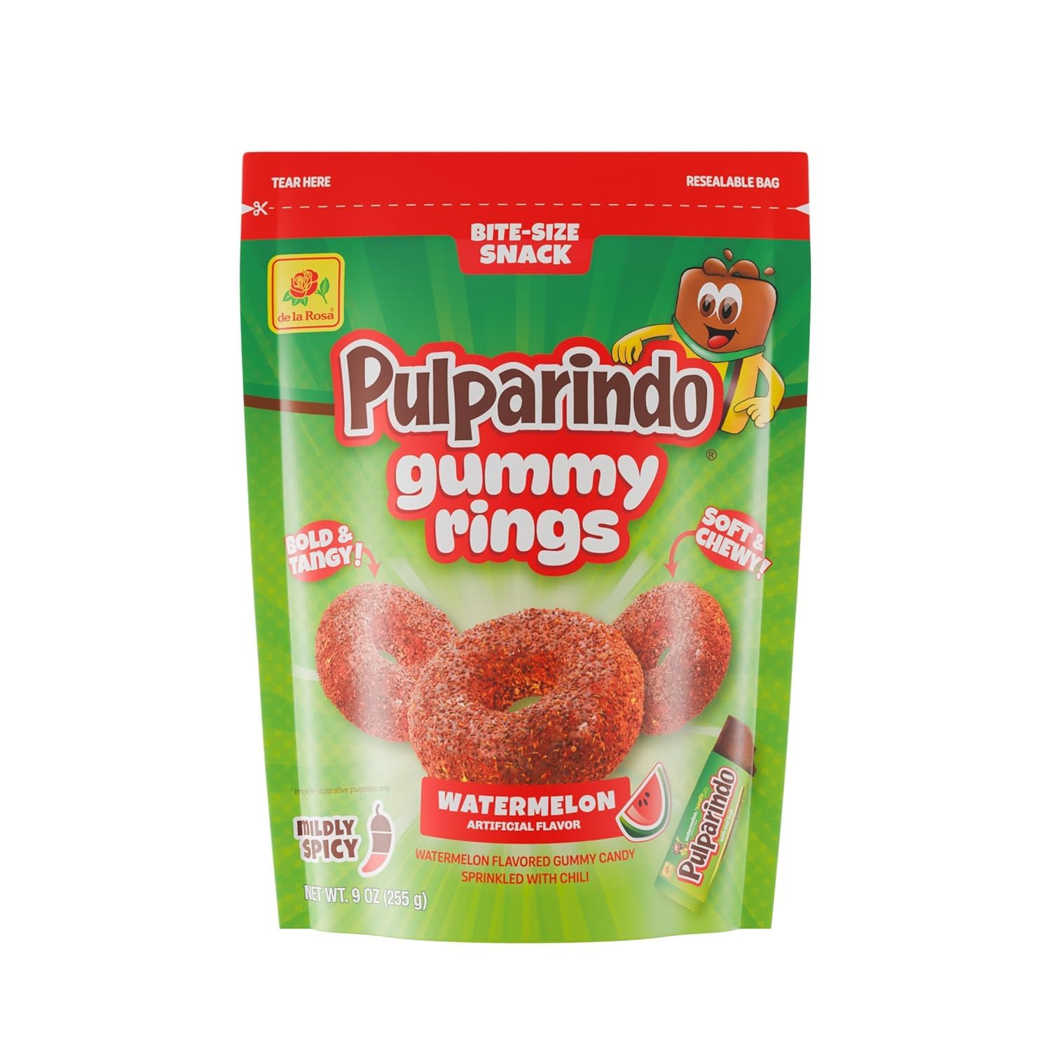 De la Rosa Pulparindo Gummy Rings Candy 9oz Bag (2 Pack) – Mildly Spicy Soft & Chewy Mexican Candy, Bite-Size Snack, Watermelon, Tamarind or Mango (Tamarind)