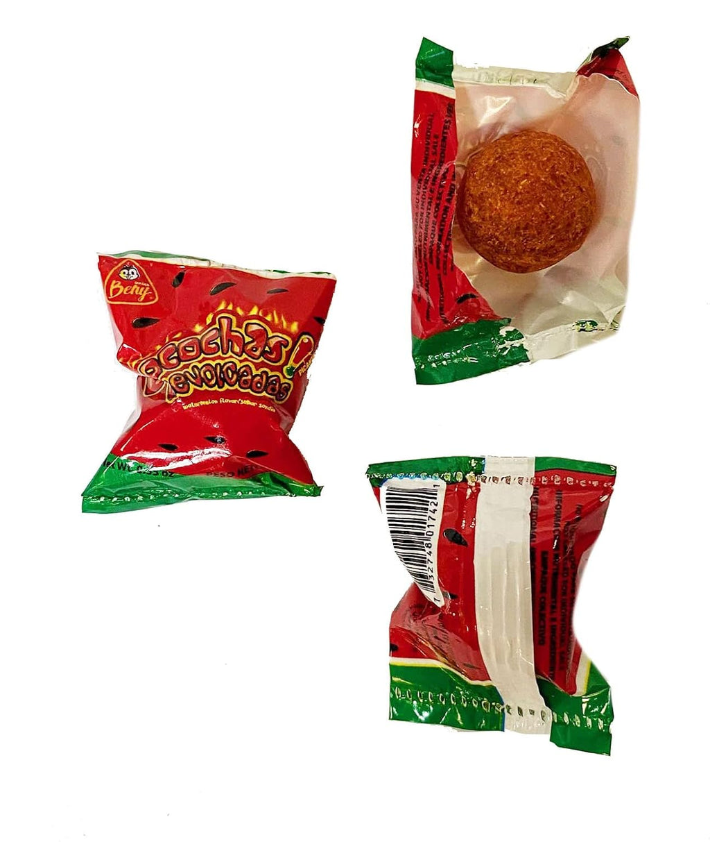 BENY LOCOCHAS REVOLCADAS WATERMELON FLAVOR CHILI COATED HARD CANDY 1LB 3.37OZ. 55 COUNT BAG