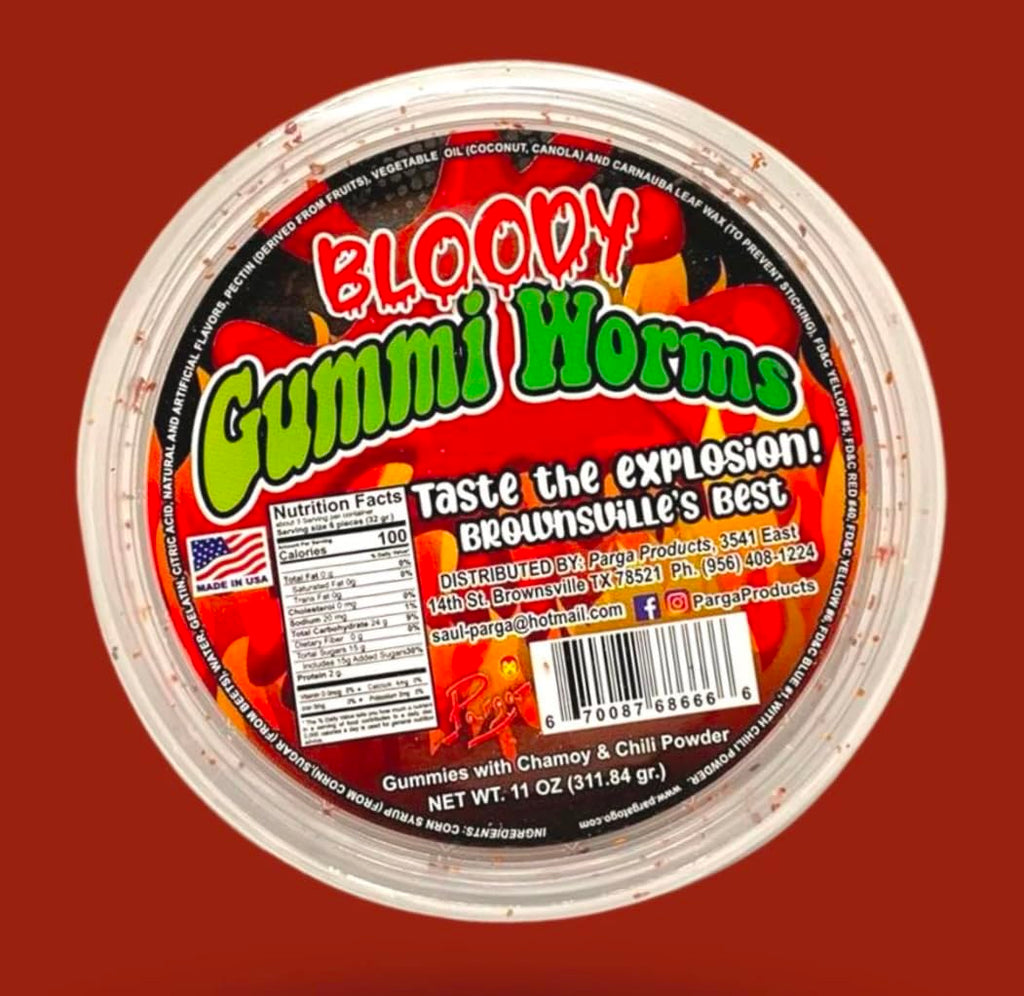 bloody gummy worms mexican dulces enchilados w/chamoy dip 11oz