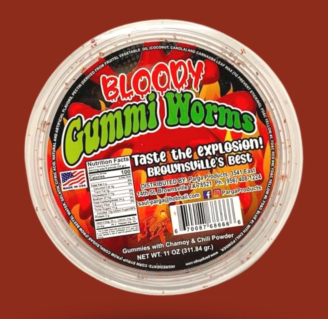 bloody gummy worms mexican dulces enchilados w/chamoy dip 11oz