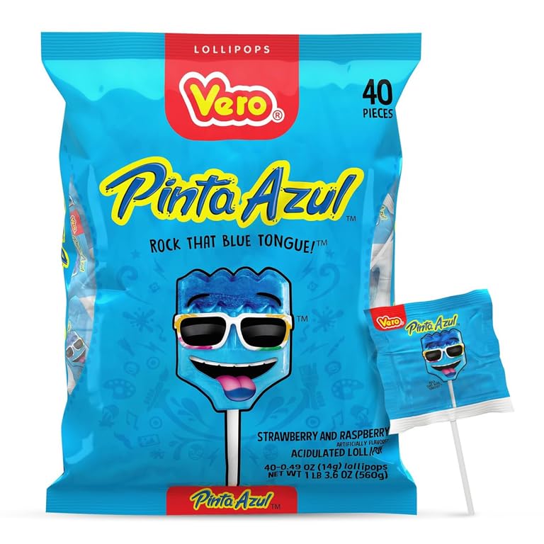 Vero Pintazul Mexican Lollipops Candy Individually Wrapped Candy - 40 Count (19.75oz) Strawberry and Raspberry Flavor Lollipops that Color Your Tongue Blue, Pack for Parties and Piñatas