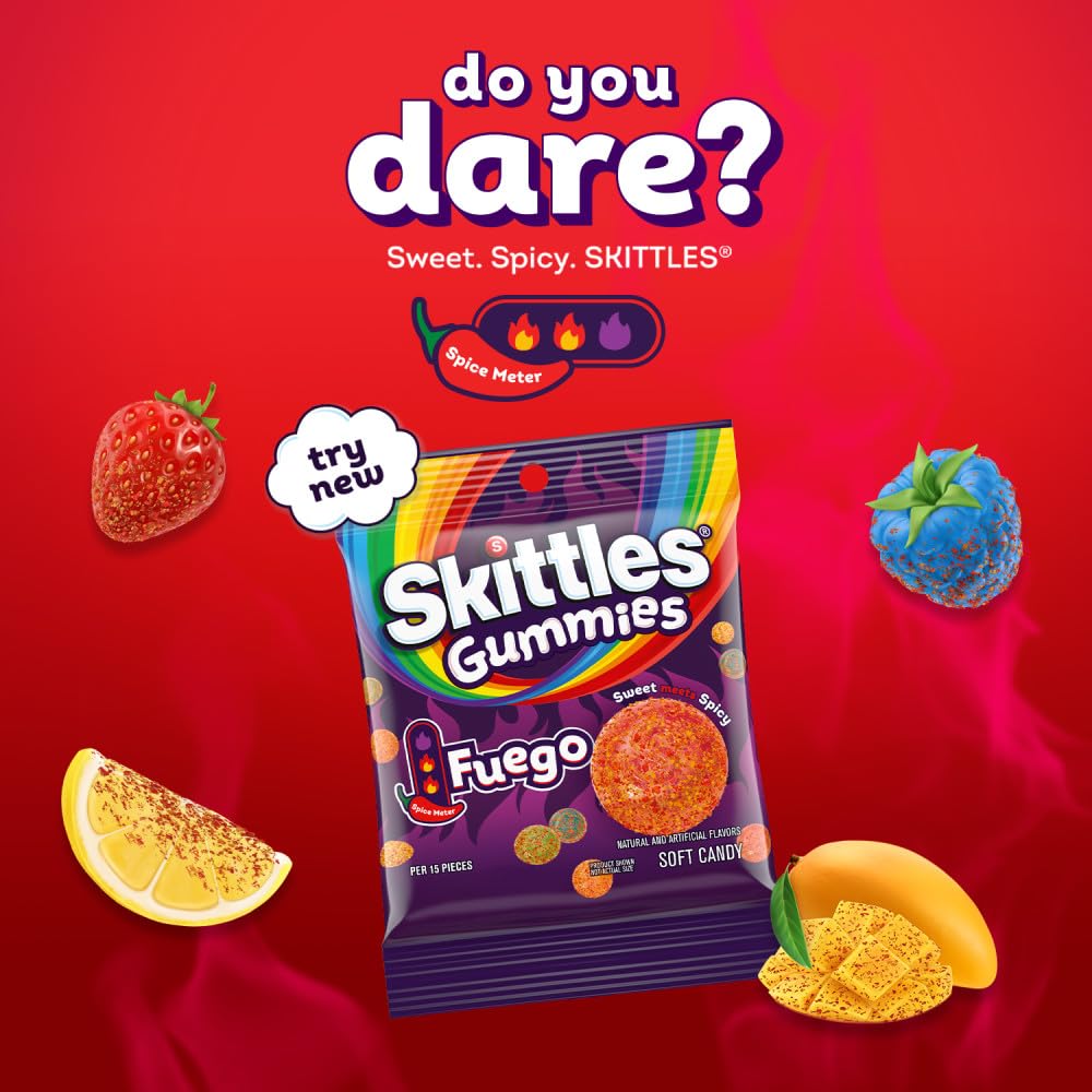 SKITTLES GUMMIES Fuego Sweet and Spicy Gummy Candy, 5.8 Oz Bag, Candy Bulk - 12 Pack