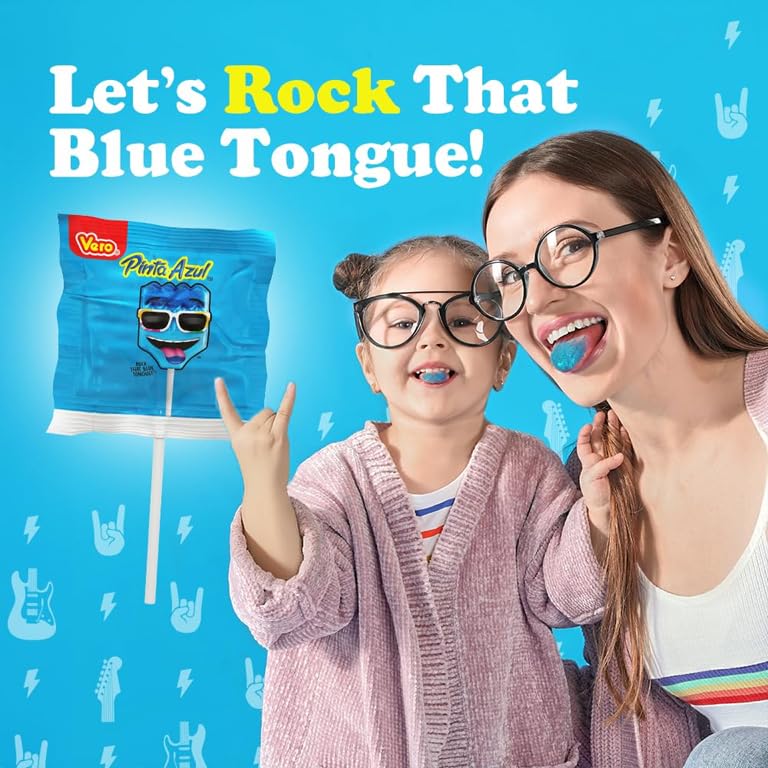 Vero Pintazul Mexican Lollipops Candy Individually Wrapped Candy - 40 Count (19.75oz) Strawberry and Raspberry Flavor Lollipops that Color Your Tongue Blue, Pack for Parties and Piñatas