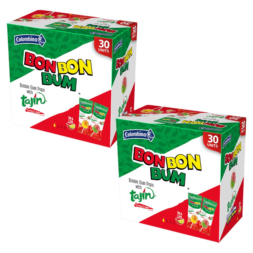 Colombina Bon Bon Bum Tropical Passion Fruit & Watermelon with Tajin Seasoning Chile Lime Dip, 20 Count (Pack of 1)