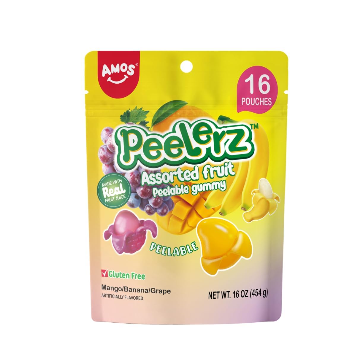 AMOS Peelerz Chili Mango Peelable Gummy Candy, Spicy Sweet Mango Flavor, Real Fruit Juice Infused, 8.47 OZ (240g)