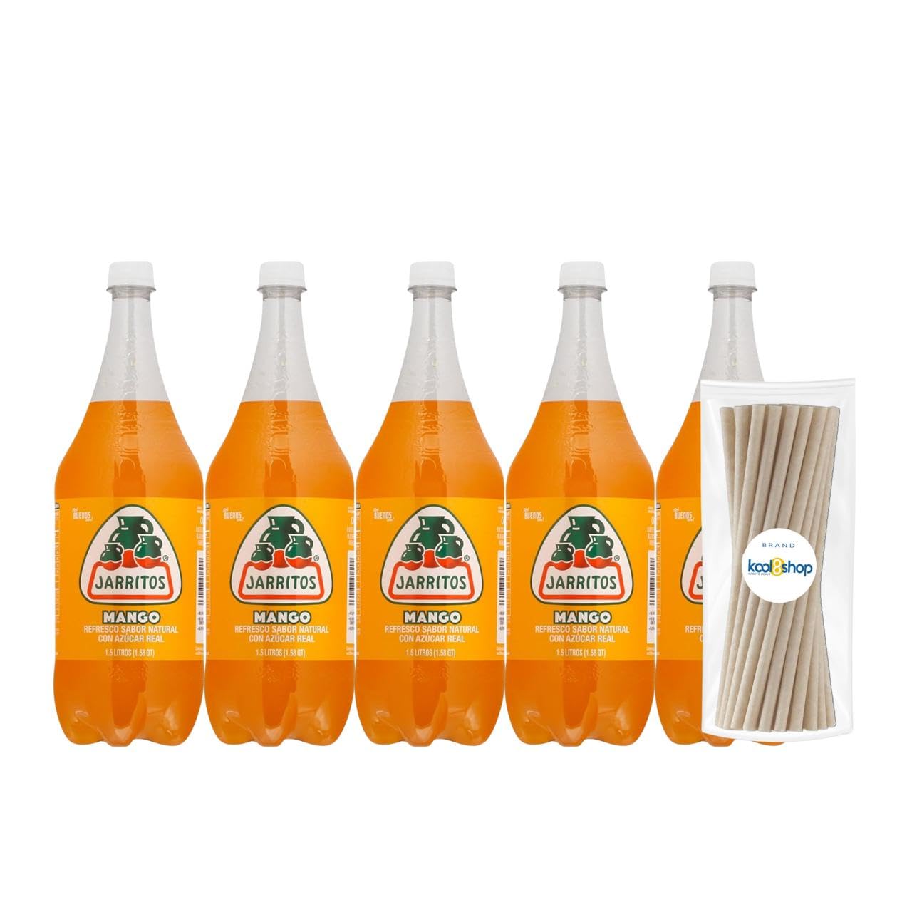 Jarritos Variety Collection Mexican Soft Soda Drink Flavors May Vary 1.5 Lt Plastic Bottles 5-Pack + 15 Sugarcane Disposable Straws by KOOL8SHOP Infinite Deals