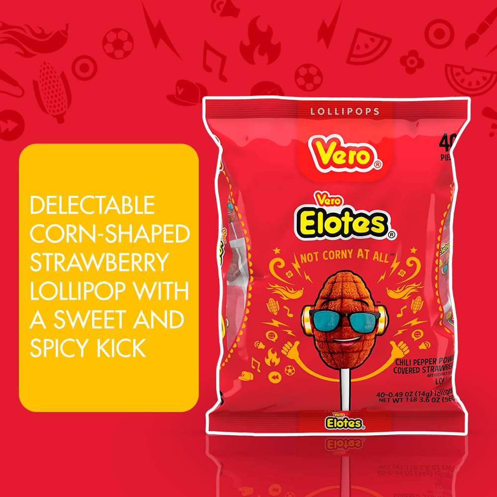 Vero Elotes Strawberry Flavored Lollipops Coated with Chili Powder 40 Count Bag (Net Wt. 22.4 Ounces) - Corn Shaped Mexican Candy - Individually Wrapped Lollipops for Piñatas, Halloween, and More.