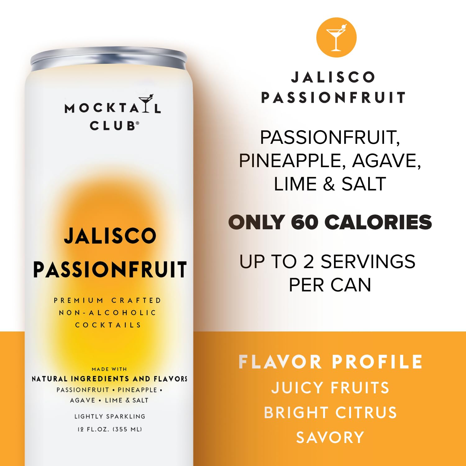 Mocktail Club Jalisco Passionfruit Sparkling Non-Alcoholic Cocktail 12oz (12pk), 80 Cals, Gluten-Free, No Artificial Ingredients, Zero Proof – with Passionfruit