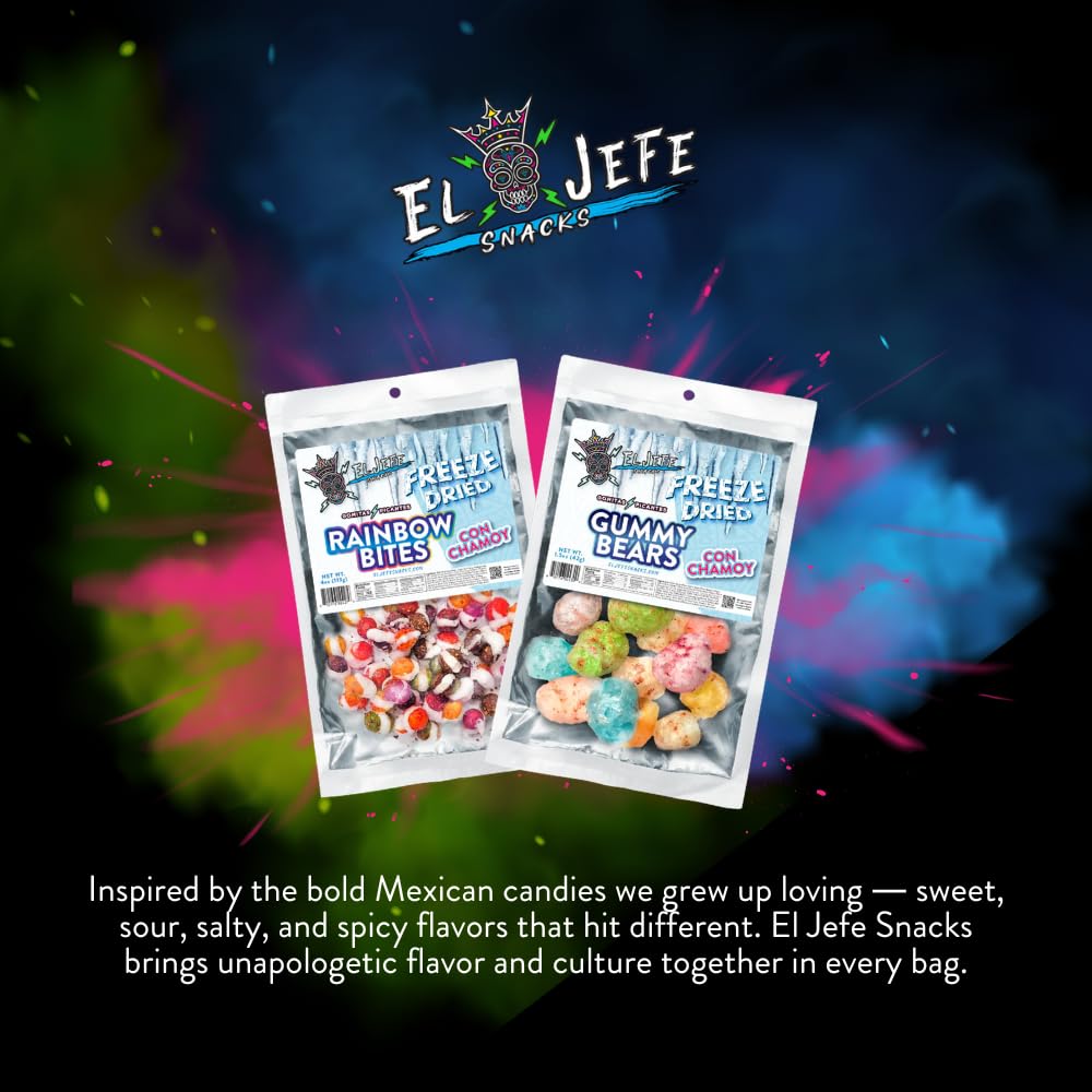 El Jefe Snacks, Freeze-Dried Rainbow Bites with Chamoy – Crunchy Freeze-Dried Candy with Sweet Fruit Flavor & Tangy Chamoy – Light, Airy Candy Snack, 6oz