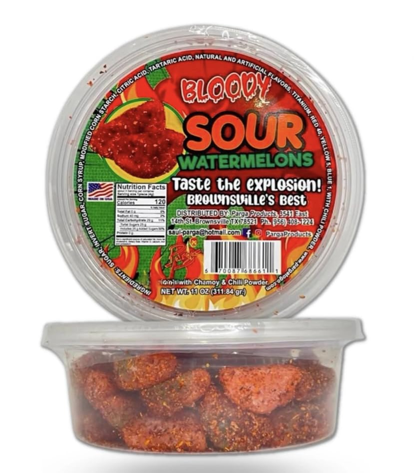 bloody sour watermelon gummys mexican dulces enchilados w/chamoy dip 11oz