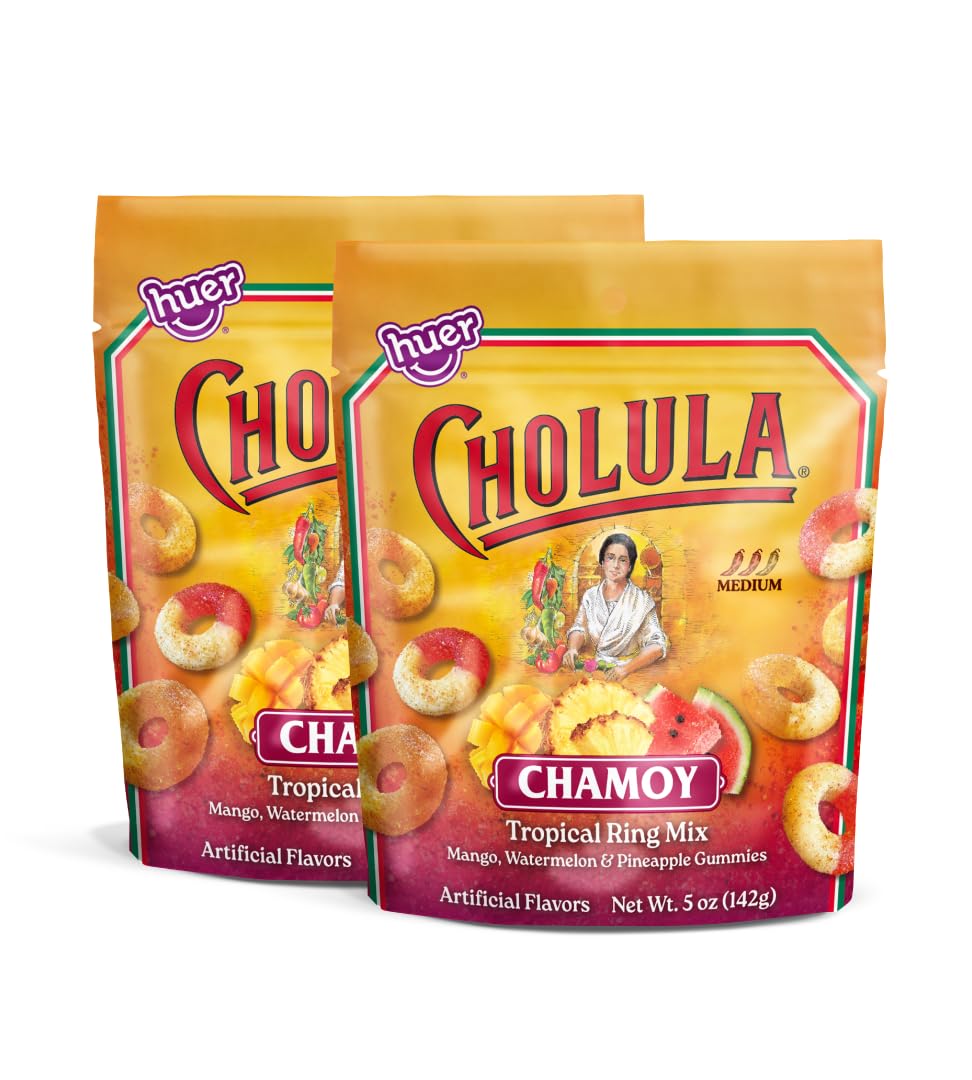 Huer – Cholula Chamoy Tropical Gummy Rings – Sweet & Spicy Mango, Watermelon & Pineapple Candy with Cholula Twist – 5oz Bag (Pack of 2)