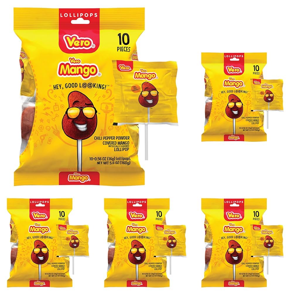 Vero Mango Flavored Lollipops Covered in Chili Powder 40 Count Bag (Net Wt. 22.4 Ounces) - Individually Wrapped Mexican Candy for Piñatas, Halloween, and More