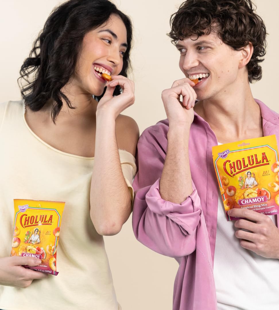 Huer – Cholula Chamoy Tropical Gummy Rings – Sweet & Spicy Mango, Watermelon & Pineapple Candy with Cholula Twist – 5oz Bag (Pack of 2)