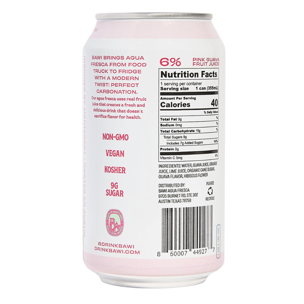 Bawi La Guayaba Sparkling Agua Fresca, Pink Guava with hints of Orange and Hibiscus, 12 Pack, 480 ml
