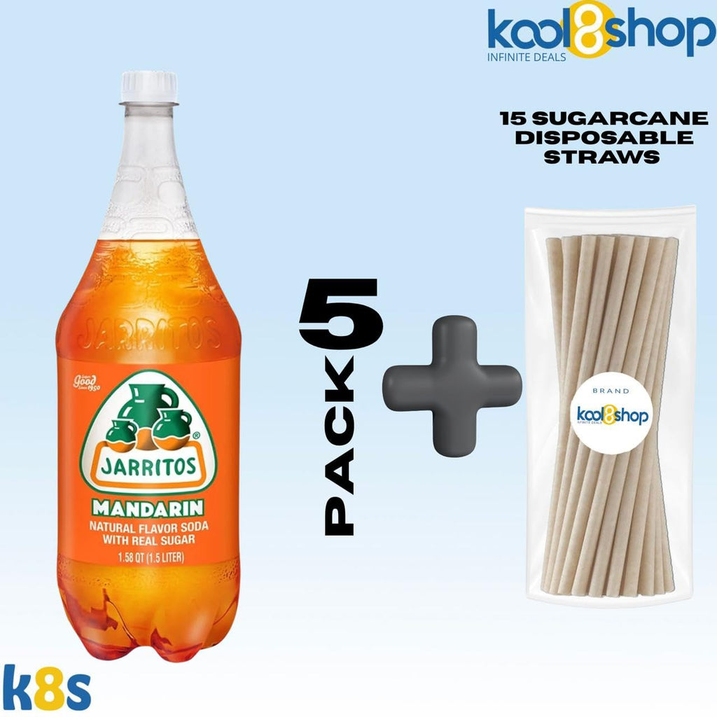 Jarritos Variety Collection Mexican Soft Soda Drink Flavors May Vary 1.5 Lt Plastic Bottles 5-Pack + 15 Sugarcane Disposable Straws by KOOL8SHOP Infinite Deals
