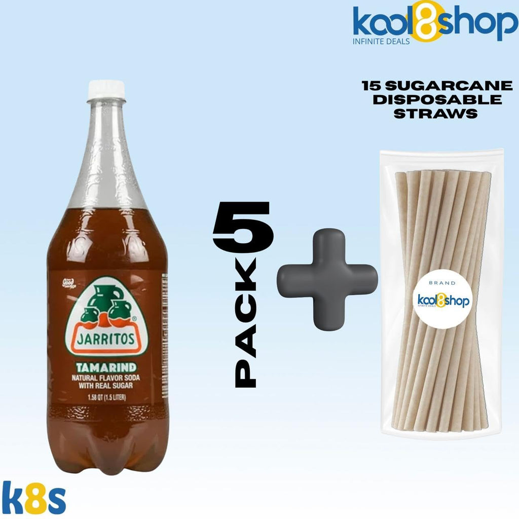 Jarritos Variety Collection Mexican Soft Soda Drink Flavors May Vary 1.5 Lt Plastic Bottles 5-Pack + 15 Sugarcane Disposable Straws by KOOL8SHOP Infinite Deals