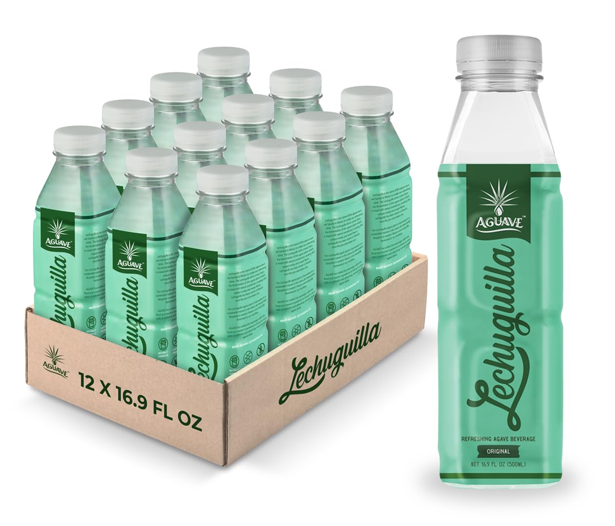 AGUAVE Lechuguilla | Mexico's Original Prebiotic Agave Drink | Naturally Fermented | Low Sugar | Gut Health | Non-Alcoholic | 16.9 Fl Oz, 12-Pack