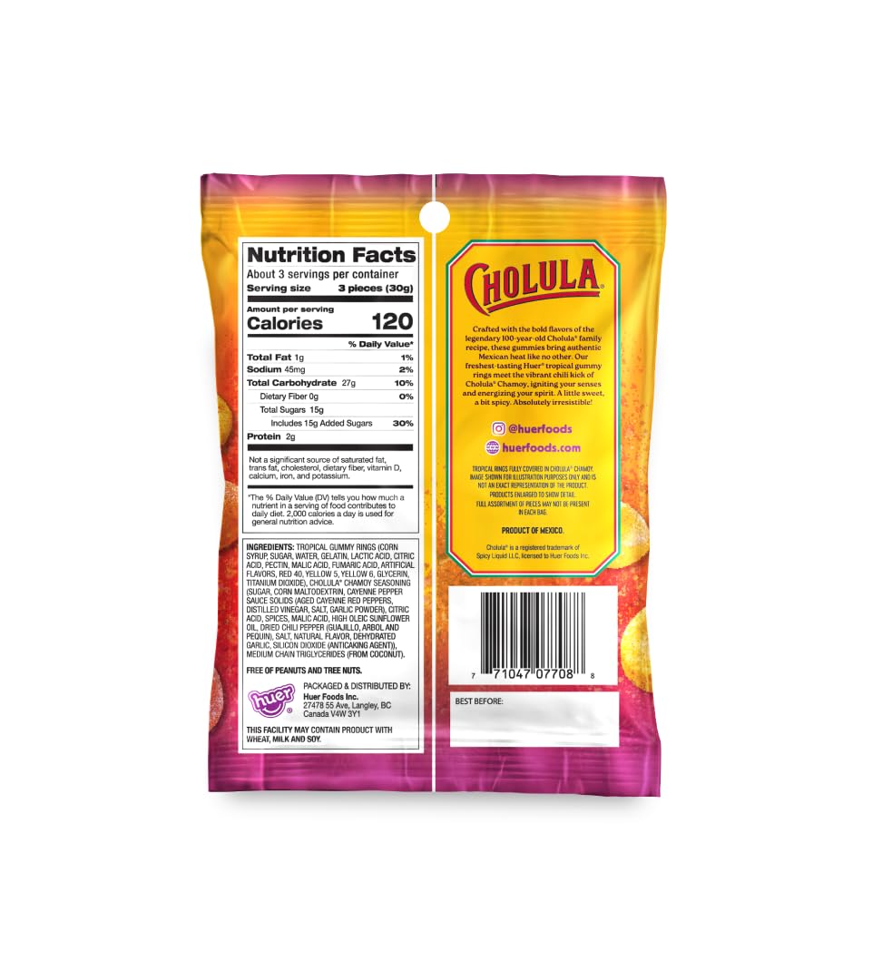Huer – Cholula Chamoy Tropical Gummy Rings – Sweet & Spicy Mango, Watermelon & Pineapple Candy with Cholula Twist – 5oz Bag (Pack of 2)