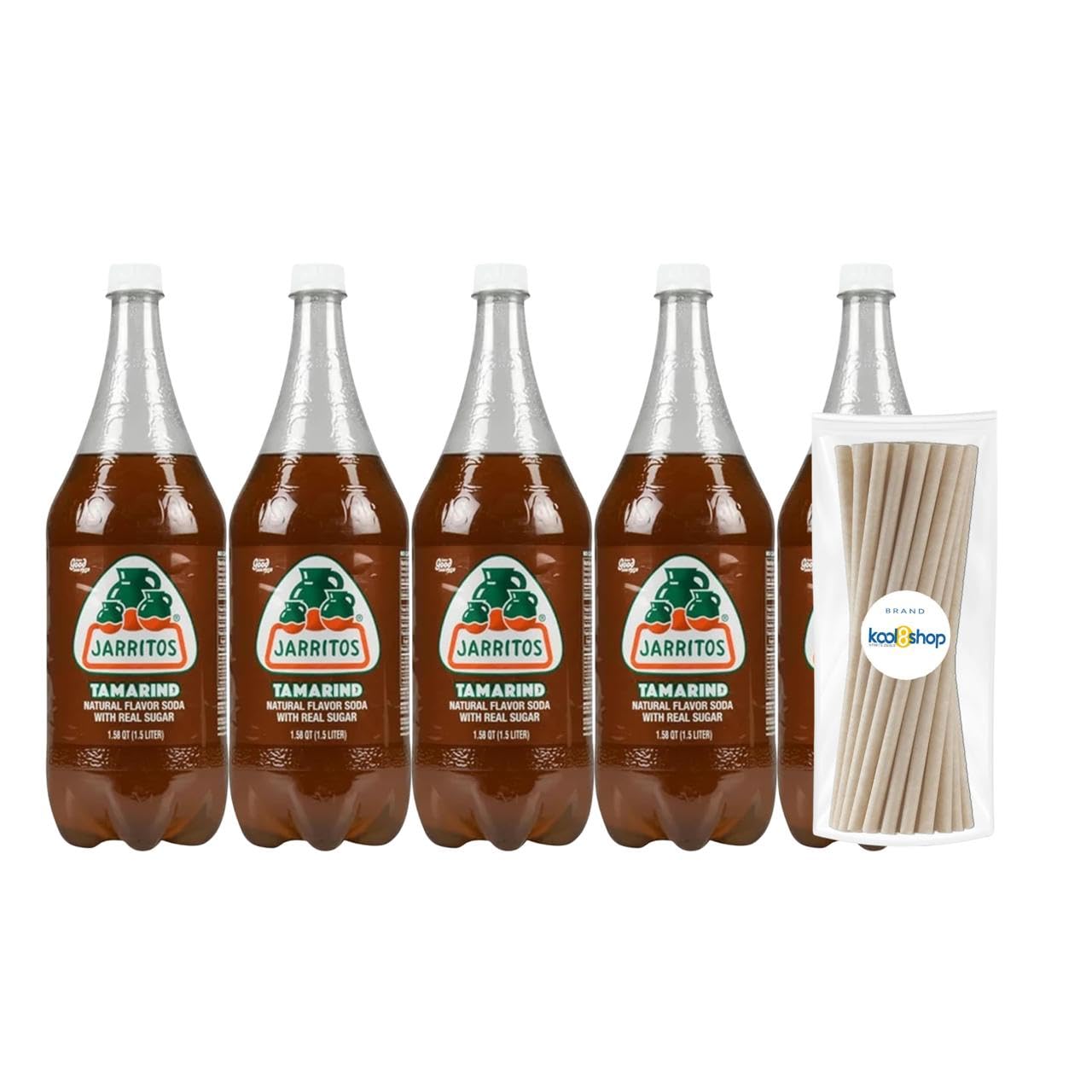 Jarritos Variety Collection Mexican Soft Soda Drink Flavors May Vary 1.5 Lt Plastic Bottles 5-Pack + 15 Sugarcane Disposable Straws by KOOL8SHOP Infinite Deals