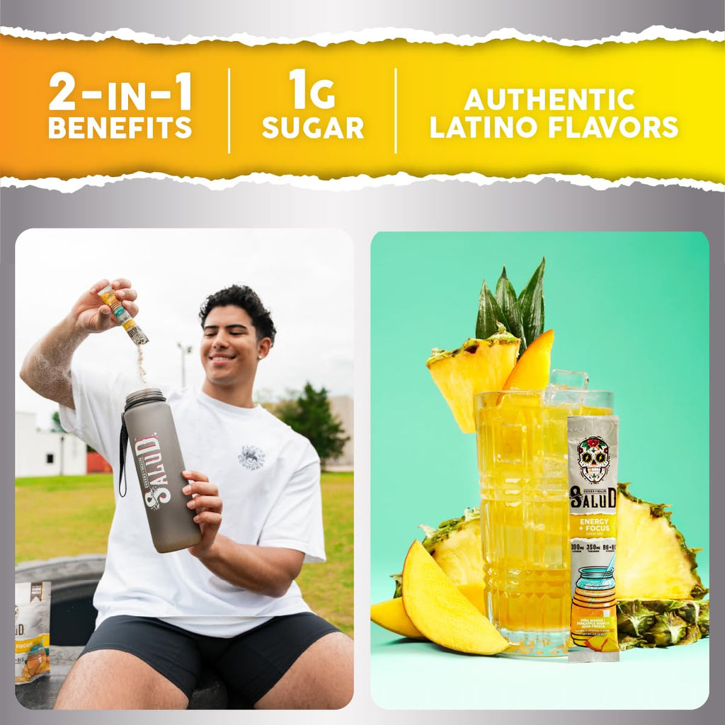 Salud x Jarritos 2-in-1 Energy Drink Powder + Focus, Lime, Organic Caffeine, B6 + B12, Theanine, Clean Energy Drink Packets, Limon Agua Fresca Mix, Non-GMO, Gluten Free, 1g of Sugar, (15 Servings)