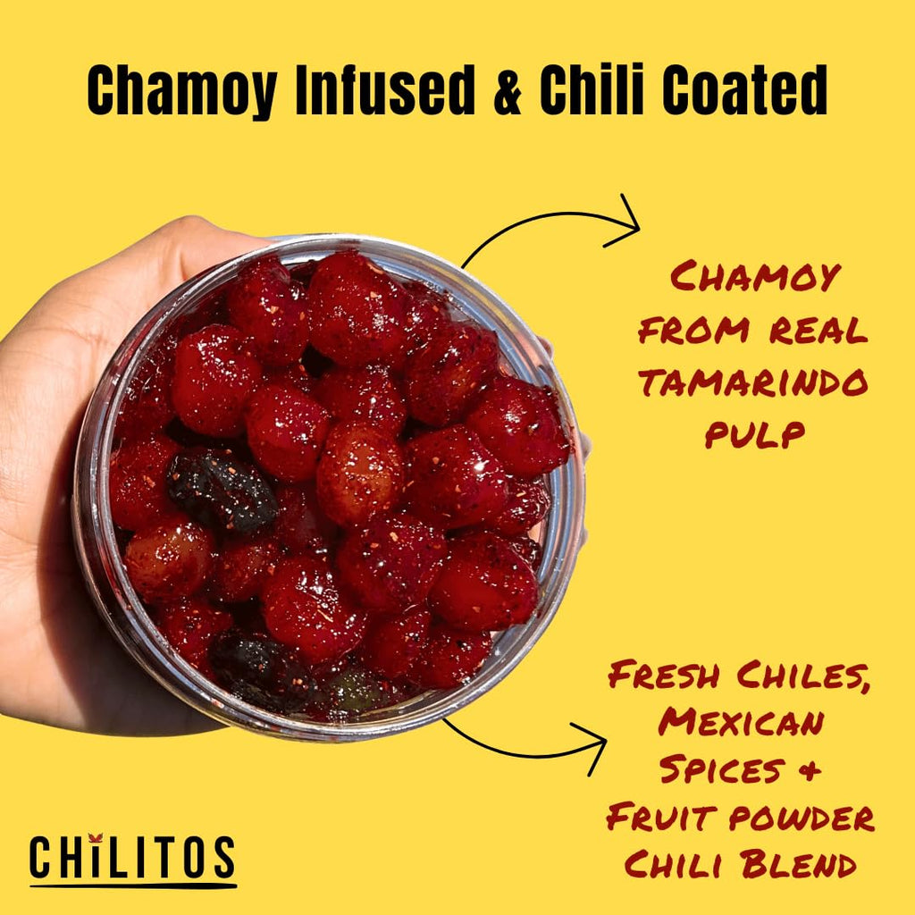 Chilitos Sweet, Sour & Spicy Chamoy Candy - Mexican Gummy Candy & Chamoy Gushers for All Ages, Authentic Dulces Mexicanos Enchilados as Seen on TikTok! (8 oz Jar, Gusher Balls Jar)