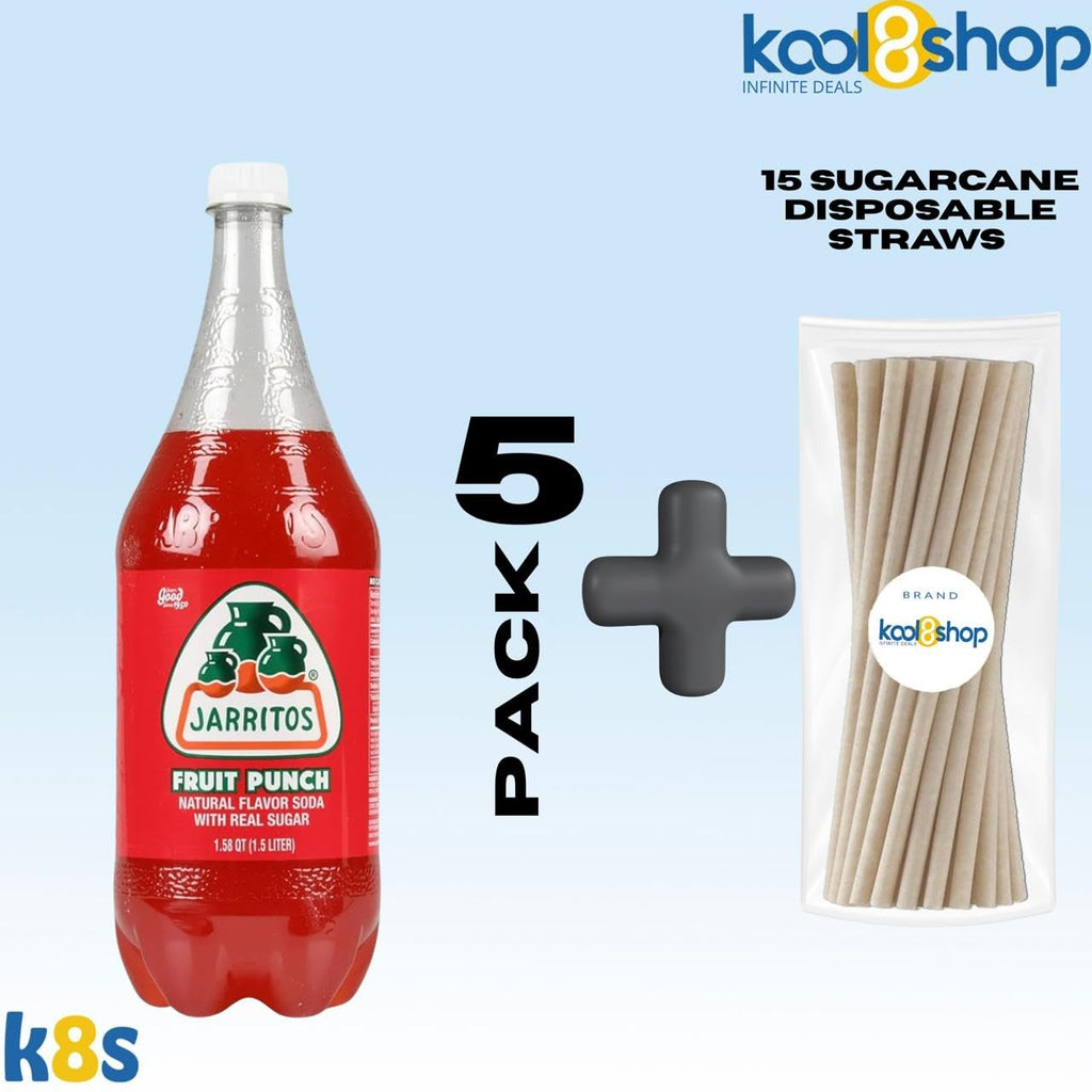 Jarritos Variety Collection Mexican Soft Soda Drink Flavors May Vary 1.5 Lt Plastic Bottles 5-Pack + 15 Sugarcane Disposable Straws by KOOL8SHOP Infinite Deals