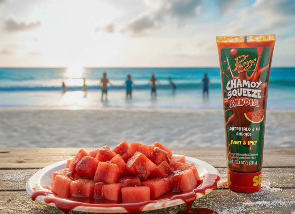 CHAMOY SQUEEZE VARIETY sauce with pulp mango watermelon & tamarind for a spicy tangy & sweet flavor 3 pk