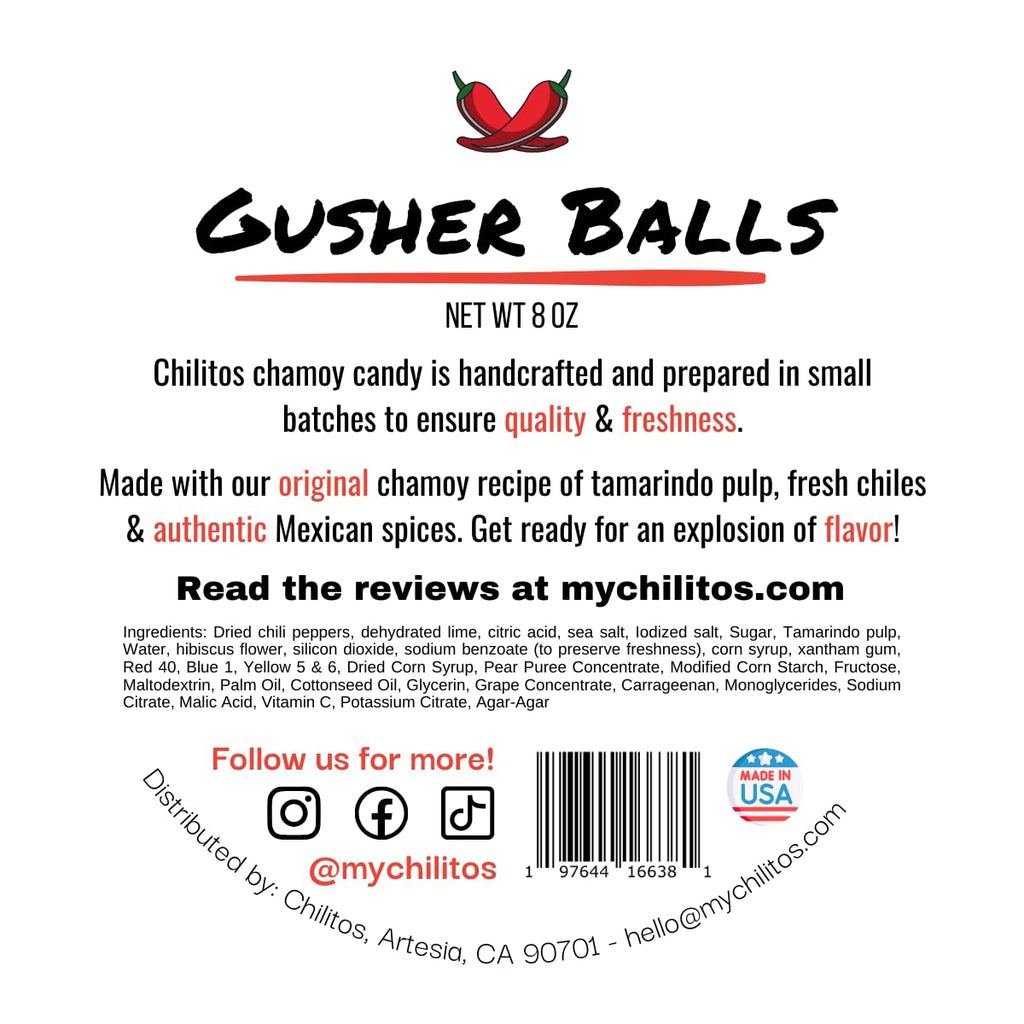 Chilitos Sweet, Sour & Spicy Chamoy Candy - Mexican Gummy Candy & Chamoy Gushers for All Ages, Authentic Dulces Mexicanos Enchilados as Seen on TikTok! (8 oz Jar, Gusher Balls Jar)