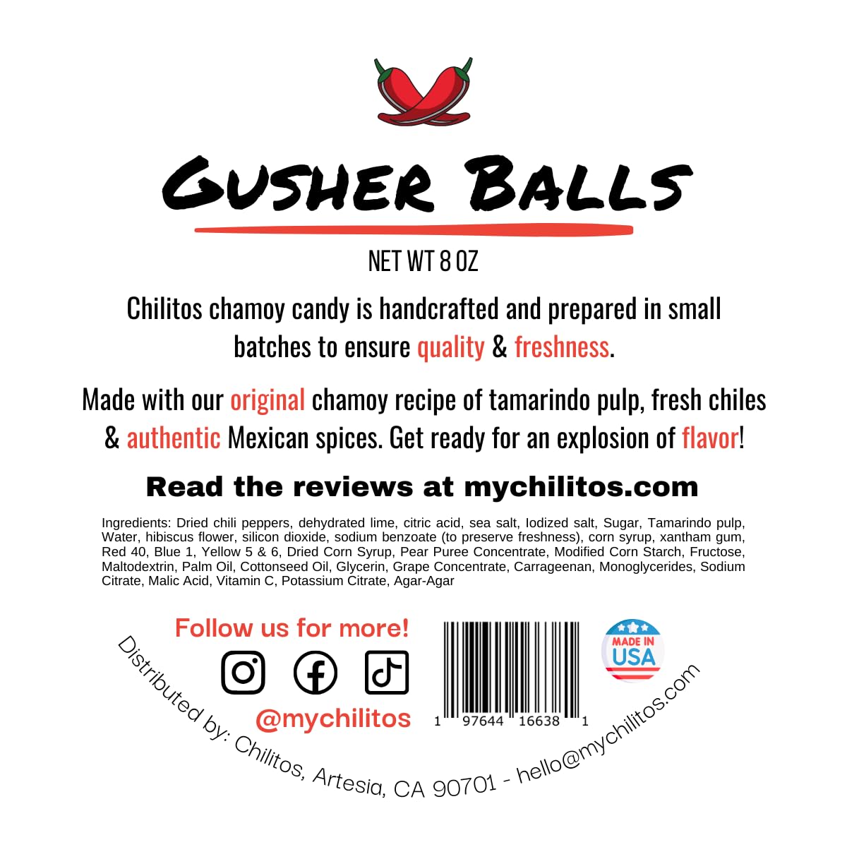Chilitos Sweet, Sour & Spicy Chamoy Candy - Mexican Gummy Candy & Chamoy Gushers for All Ages, Authentic Dulces Mexicanos Enchilados as Seen on TikTok! (8 oz Jar, Gusher Balls Jar)