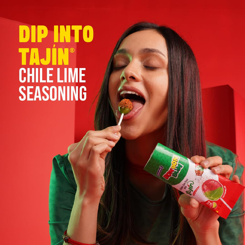 Colombina Bon Bon Bum Tropical Passion Fruit & Watermelon with Tajin Seasoning Chile Lime Dip, 20 Count (Pack of 1)