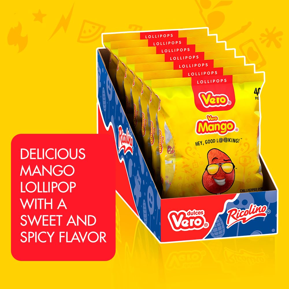 Vero Mango Flavored Lollipops Covered in Chili Powder 40 Count Bag (Net Wt. 22.4 Ounces) - Individually Wrapped Mexican Candy for Piñatas, Halloween, and More