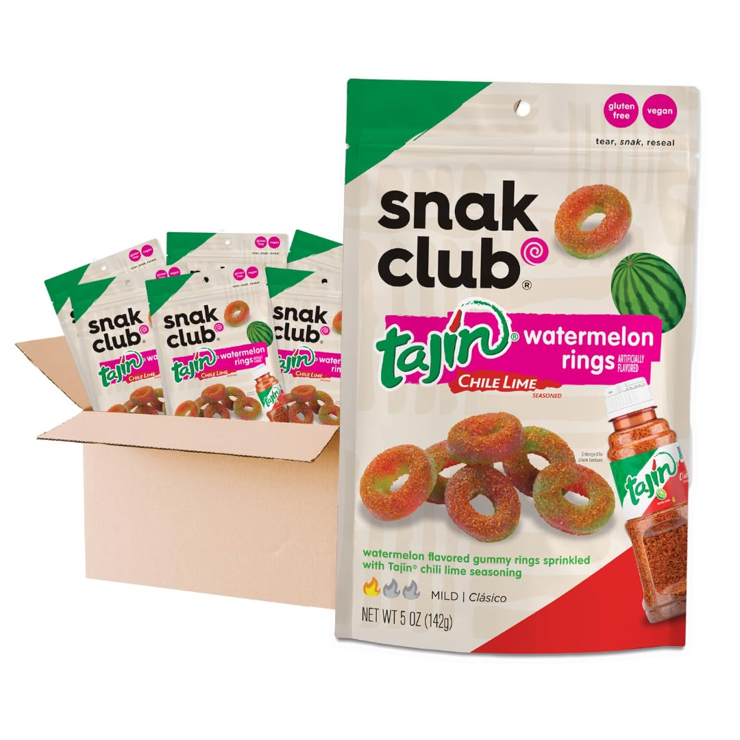 Snak Club Tajin Pineapple Rings Gummy Candy, Fruit Candy Gummies with Chili and Lime Seasoning, Mild, Gluten-Free and Vegan Snacks, 11 oz Resealable Bag