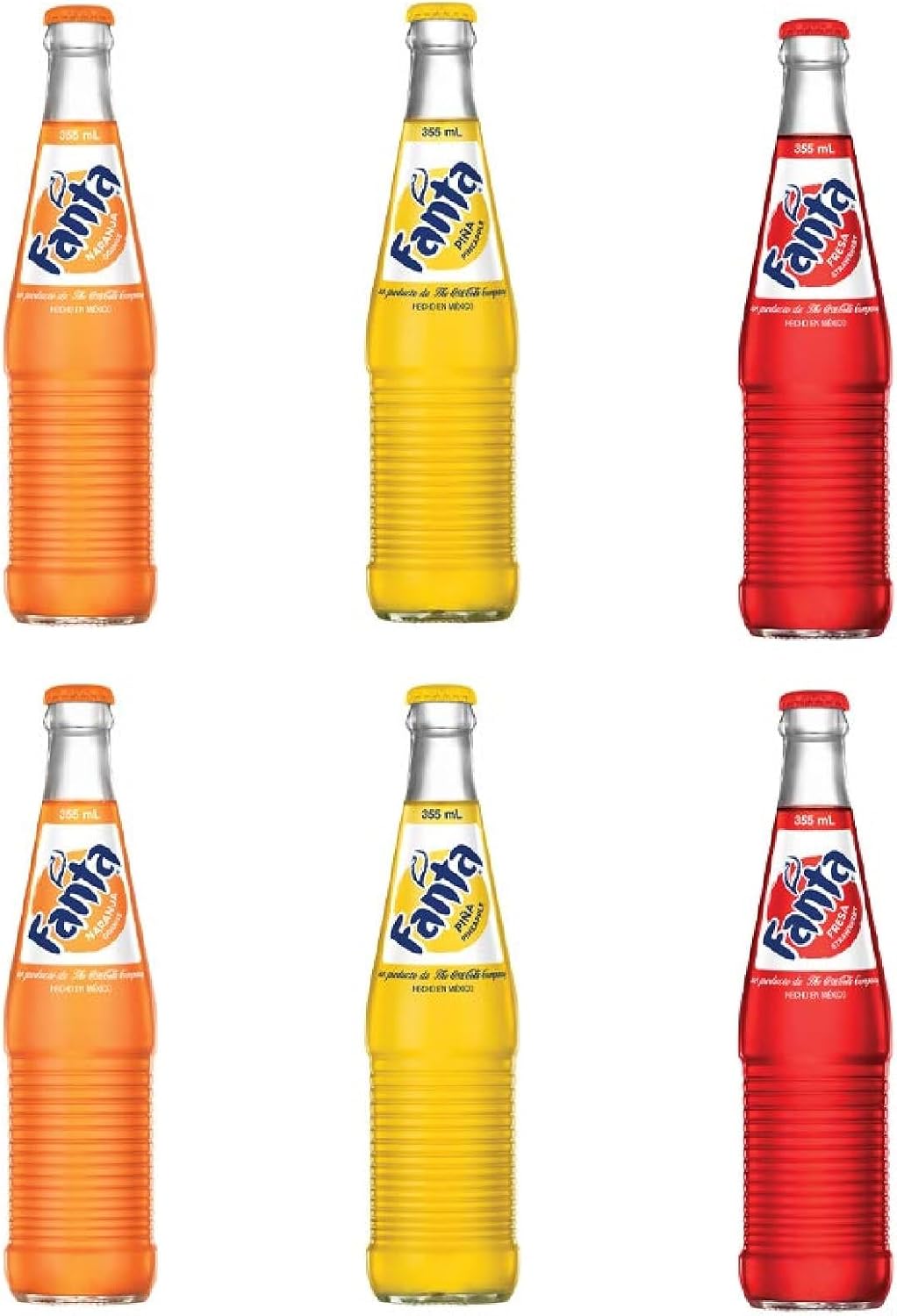 SODA GLASS BOTTLES 12 oz FANTA DE MEXICO ORANGE, FANTA DE MEXICO PINEAPPLE, FANTA DE MEXICO STRAWBERRY PACK OF 6 BOTTLES