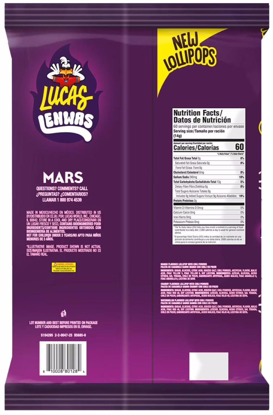 Lucas Lenwas Lollipops Variety Pack with Spicy Chili Powder Core, Mango, Chamoy & Watermelon Flavors, 60 Count, 29.63 oz (Pack of 1)