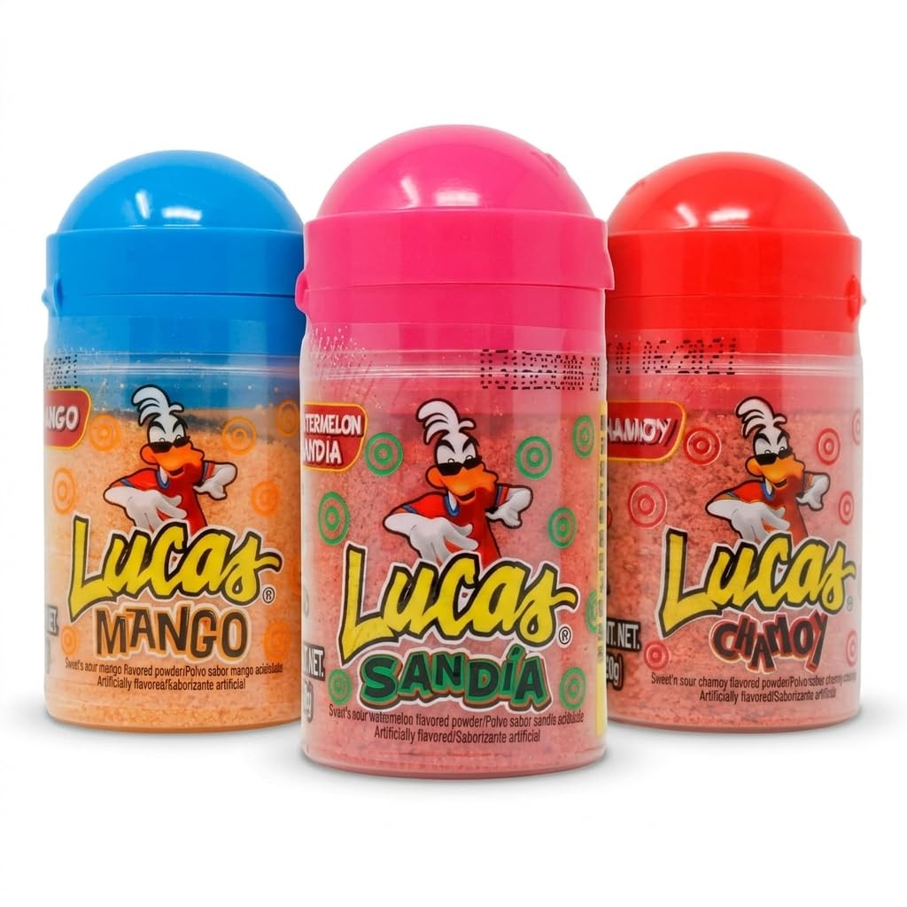 Lucas Chili Candy Powder Assortment – Mango Sandia Watermelon and Chamoy Style – Sweet Tangy Spicy Mexican Snack – Perfect for Gifts and Parties – 12 Pack Small Bottles