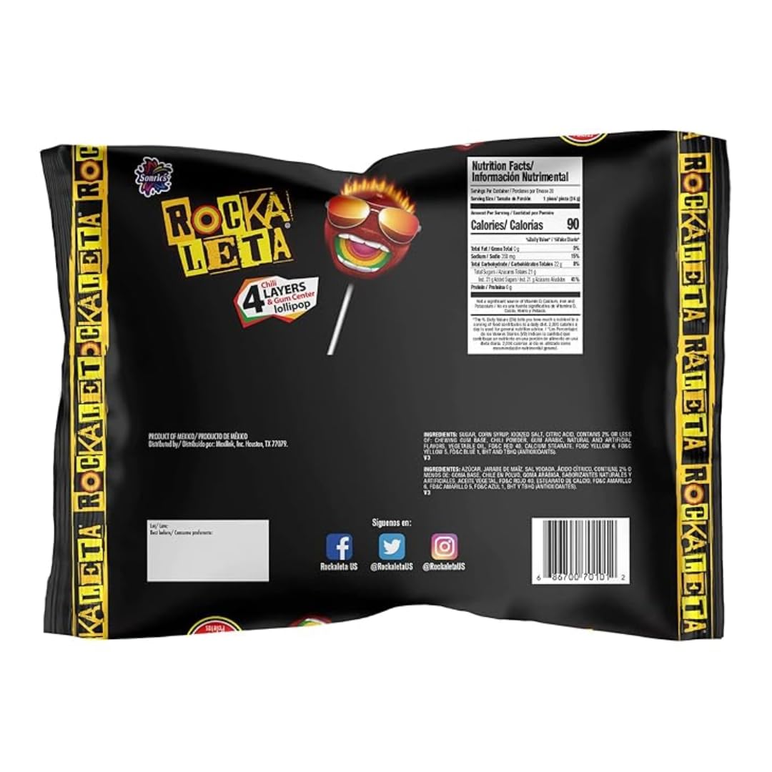 Rockaleta Candy – 20 Pack of Spicy Lollipops with Gum Center, 5 Layers of Flavor – Mexican Favorite