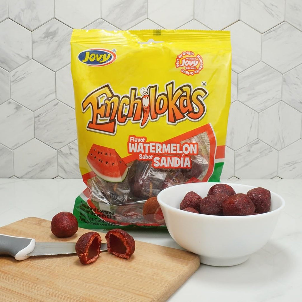 Jovy Enchilokas Candy. Mango Flavored Tamarind Covered Gummies With Chili. Net wt 1-lb 1-oz